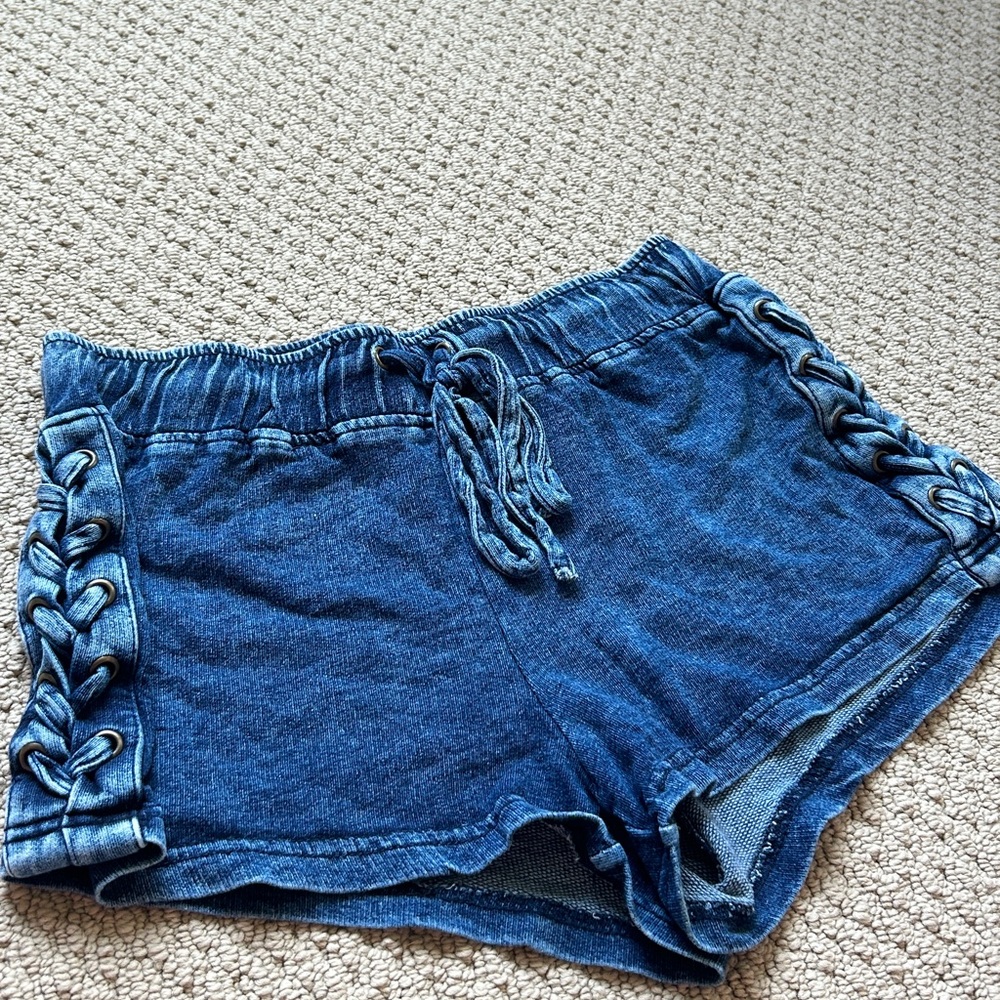 Blue Lace-Up Denim Shorts
